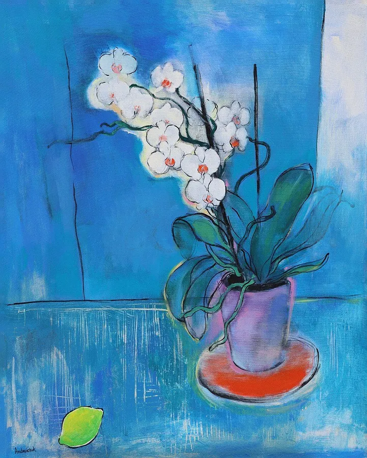 Imagen de Orchids and lemon de Artem Andreichuk, tamaño: 100 × 80 cm, hecho de acrylic on canvas, medio Painting