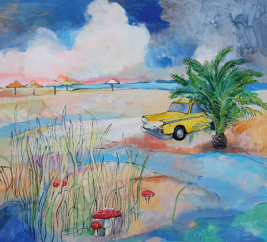 Imagen de Checker, mushrooms, beach. de Artem Andreichuk, tamaño: 100 × 110 cm, hecho de Acrylic on canvas, medio Painting