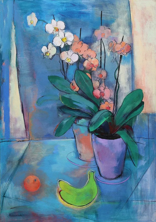 Image of Orchids and green bananas  by Artem Andreichuk, size: 115 × 80 cm, made of oil on canvas, Painting medium
