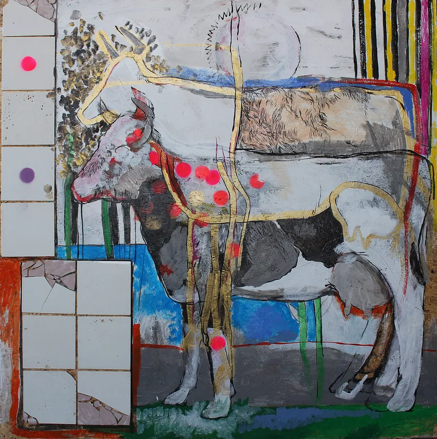 Imagen de Cows  de Artem Andreichuk, tamaño: 150 × 150 cm, hecho de paint, collage, tiles, medio Painting