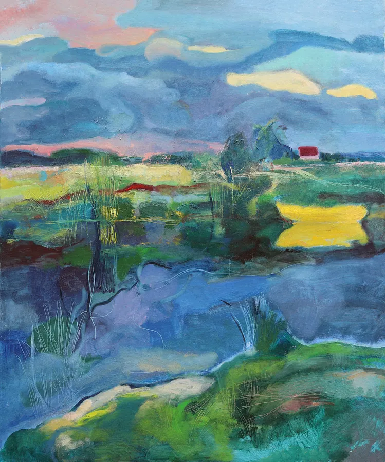 Imagen de Landscape with yellow boat de Artem Andreichuk, tamaño: 120 × 100 cm, hecho de oil on canvas, medio Painting