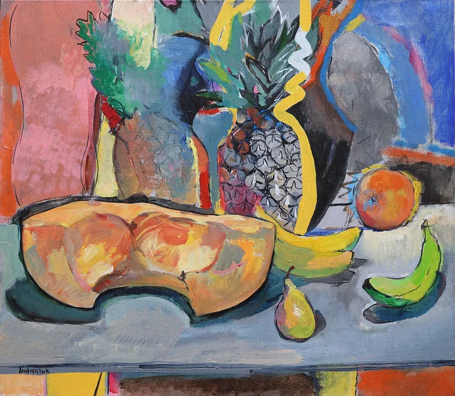 Imagen de Still life with pumpkin and pineapple  de Artem Andreichuk, tamaño: 80 × 75 cm, hecho de oil on canvas, medio Painting
