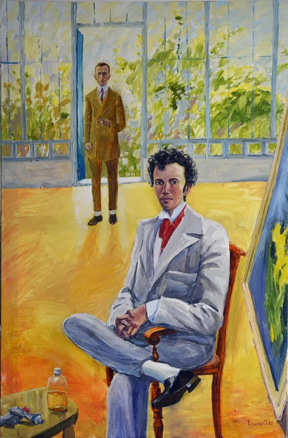 Image of The portrait of two painters. Oleksandr Murashko and Modest Sosenko in Paris. by Olesia Kaznokh, size: 110х70, Painting medium, priced at $600