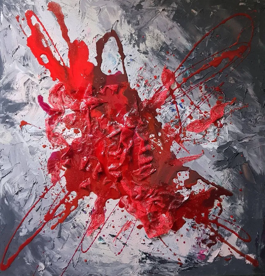 Immagine di A pool of blood on the pavement di Natalia Byrdina, dimensioni: 100 × 100 cm, medium: Textile, prezzo: $1395