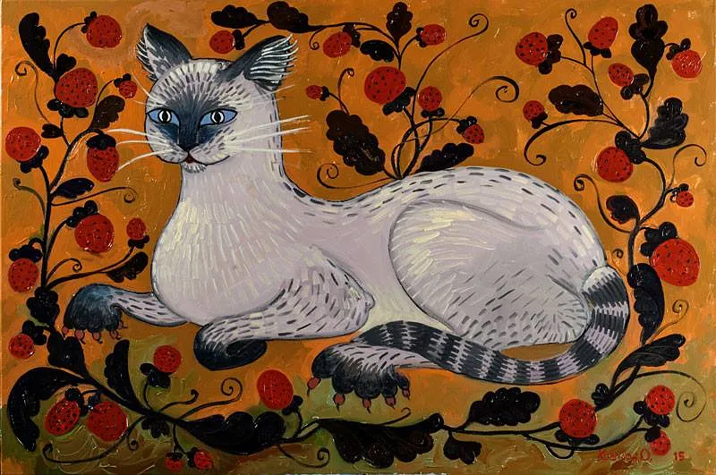 Image of Cat in the Strawberry. Dedicated to Maria Pryimachenko by Olesia Kaznokh, size: 60х90 см, Painting medium