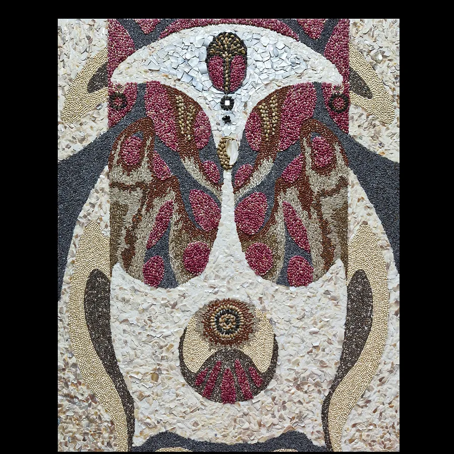 Image of Disclosure by Oksana Lopokha, size: 40x50cm, made of Cardboard, mother-of-pearl shell, seeds, Graphics medium, from Ukraine, part of the Seed mosaic series, priced at $200