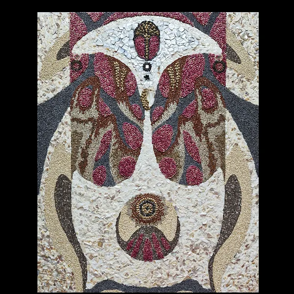 Image de Розкриття par Оксана Лопоха, taille : 40х50см, fabriqué avec Carton, nacre de coquillages, graines, médium Графіка, de Ukraine, faisant partie de la série Мозаїка насіння, au prix de $200