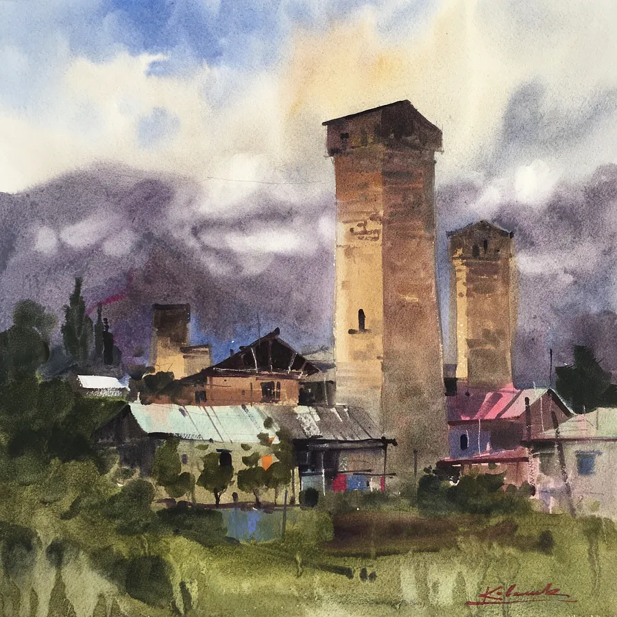 Immagine di Towers of Svaneti di Andrii Kovalyk, dimensioni: 38x38 cm , medium: Original Artworks , serie: Landscapes Around the World , prezzo: €1200