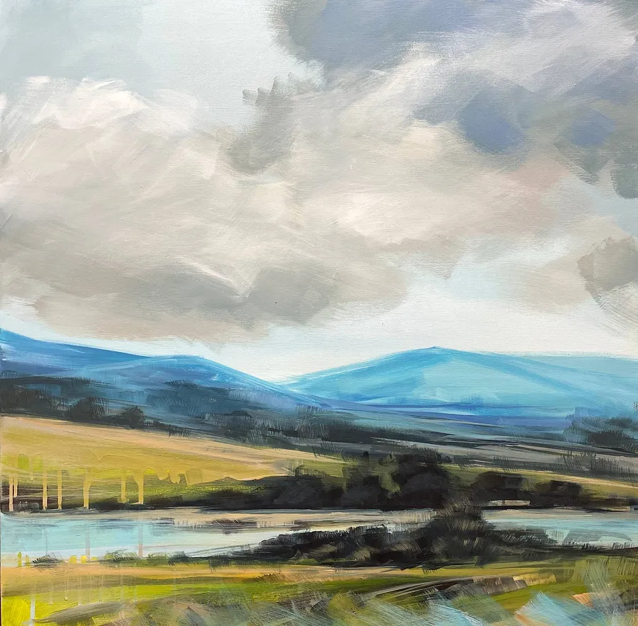 Bild von Revelation – Contemporary Landscape with Blue Hills von Helen Mount, Größe: 80 × 80 cm, Painting Medium, zum Preis von $1360 (≈ 60 929 грн)