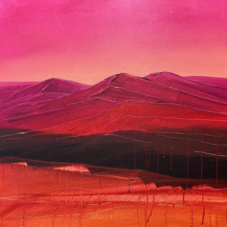 Immagine di Lush Summer / 6 – Crimson Mountain Landscape with Vibrant Pink Sky and Fiery Horizon di Helen Mount, medium: Painting, prezzo: €800 (≈ 41.656 грн)