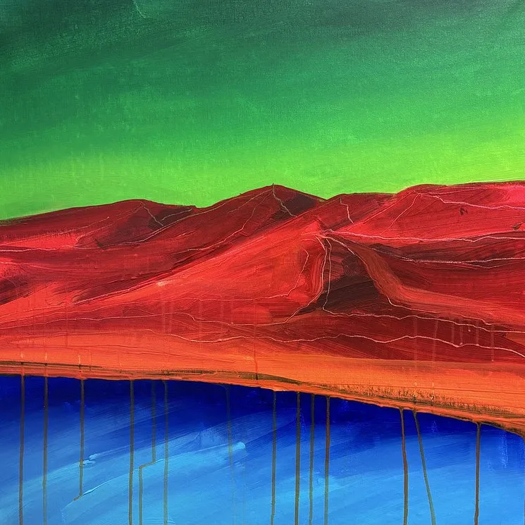 Imagen de Lush Summer /5 – Dopamine Landscape with Crimson Hills and Blue Water de Helen Mount, hecho de acrylic on canvas, medio Painting, con un precio de €800 (≈ 41,416 грн)