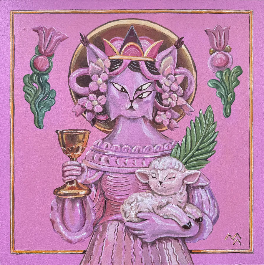 Image de Богорисиця par Marta Leshak, taille : 30x30cm, médium Peinture, faisant partie de la série Святі Рисі, au prix de $200