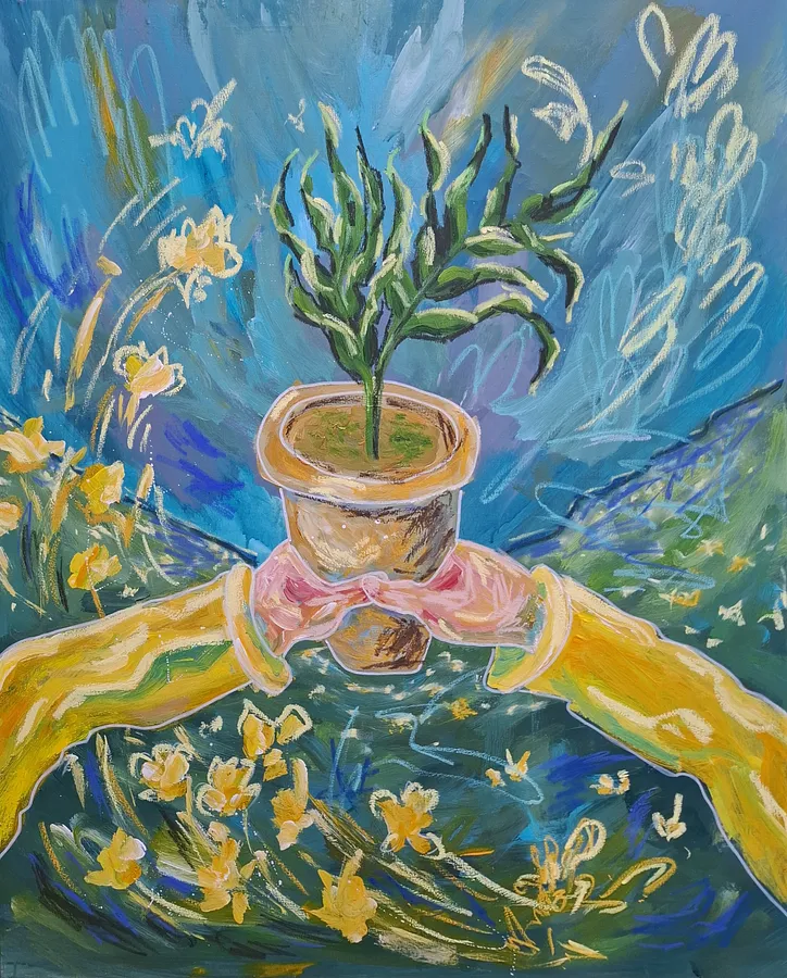 Зображення "What do you bring to this world" від Daria Habich, розмір: 80x100 cm, матеріали: полотно, акрил, олійна пастель, лак, медіум: Живопис, місто: Ukraine, серія: The soul Garden, ціна: €980