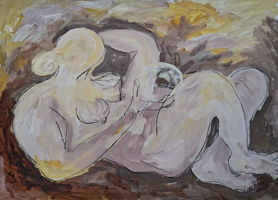 Image of Should I? by Daria Habich, size: 50х70 cm, Mixed media on Cardstock medium, part of the Soul´s & Body´s series, priced at €690