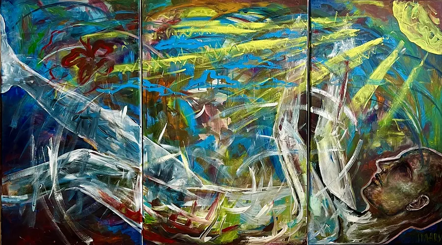 Obraz I Will Rise and Go autorstwa IMARY, rozmiar: Overall dimensions: 90 × 160 cm • Left panel — 90 × 50 cm • Central panel — 90 × 60 cm • Right panel — 90 × 50 cm, wykonany z Canvas, acrylic, oil, medium Painting, część serii I Will Rise and Go, cena: €5900