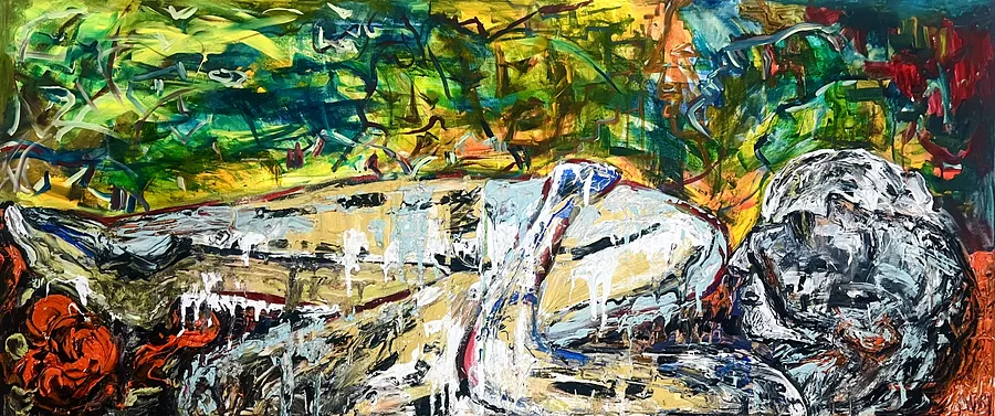 Immagine di Kalachyk di IMARY, dimensioni: 60 × 140, materiali: Canvas, oil, wall paint, acrylic, medium: Painting, serie: I Will Rise and Go, prezzo: €1900