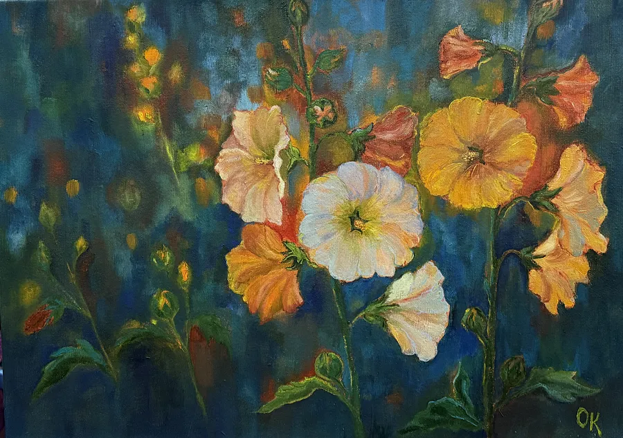Image of Мальвовий вечір by Ольга Ковалик, size: 50х70 см, Живопис medium, part of the Обереги series, priced at ₴10000