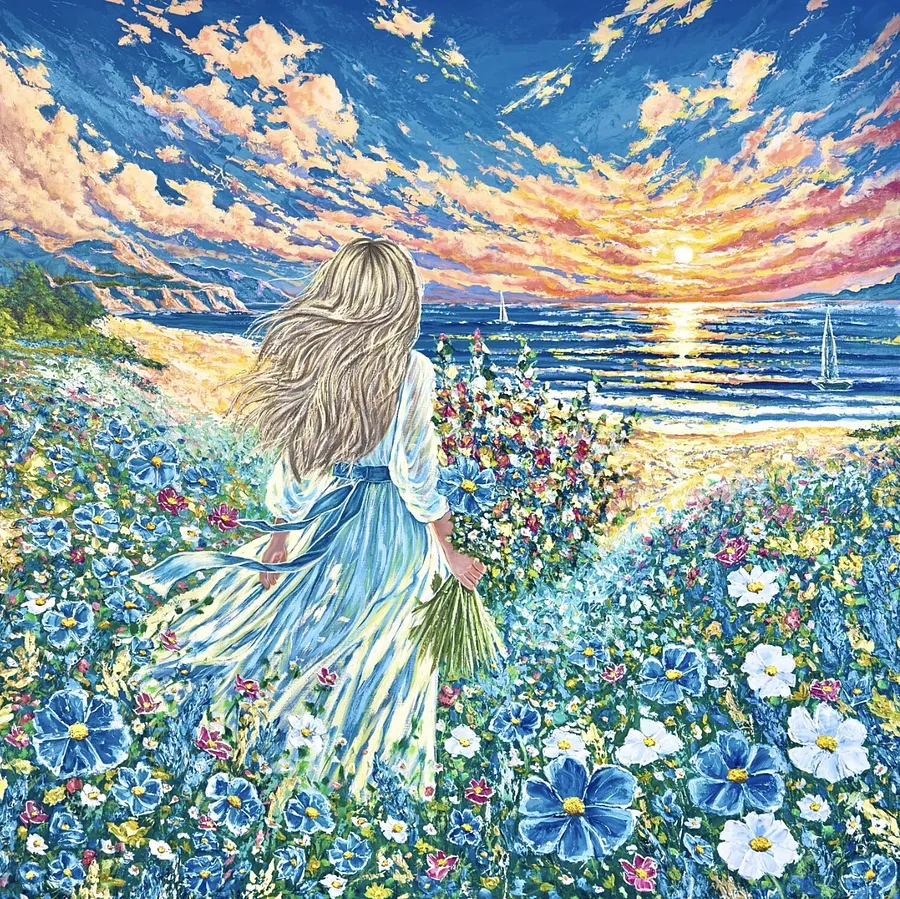 Bild von Für immer Sommer von Elena Adele Dmitrenko, Größe: 122 x 122 cm, hergestellt aus pastoses Acryl auf Leinwand, Malerei Medium, aus Polen, Teil der Forever Moments Serie, zum Preis von $4600