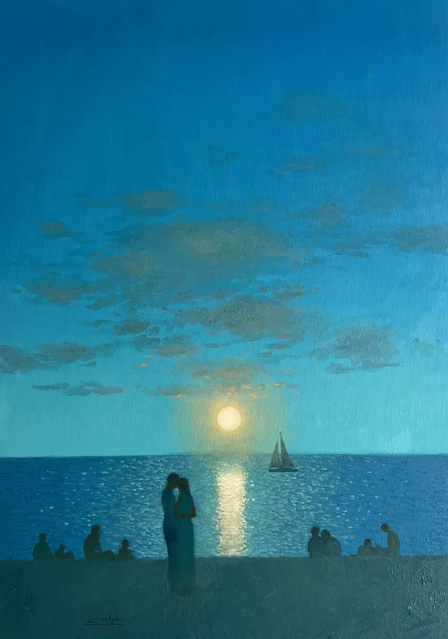 Image of Together by the Sea by Andrii Kovalyk, size: 70x50 cm , made of Oil on fine art , Original Artworks  medium, from Madrid , part of the Summer Memories Series  series, priced at €550