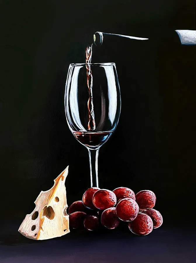Bild von Stillleben mit Rotwein und Käse von Elena Adele Dmitrenko, Teil der Stillleben Serie