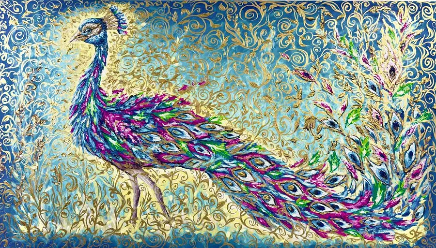 Immagine di Majestic Peacock di Elena Adele Dmitrenko, dimensioni: 40 x 70 inches, medium: Painting, serie: Magic Garden, prezzo: $8500