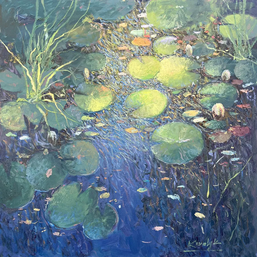 Imagen de Song of Water Lilies de Andrii Kovalyk, tamaño: 70x70 cm , hecho de Oil on board , medio Original Artworks , de Madrid , parte de la serie Landscapes Around the World , con un precio de €1500