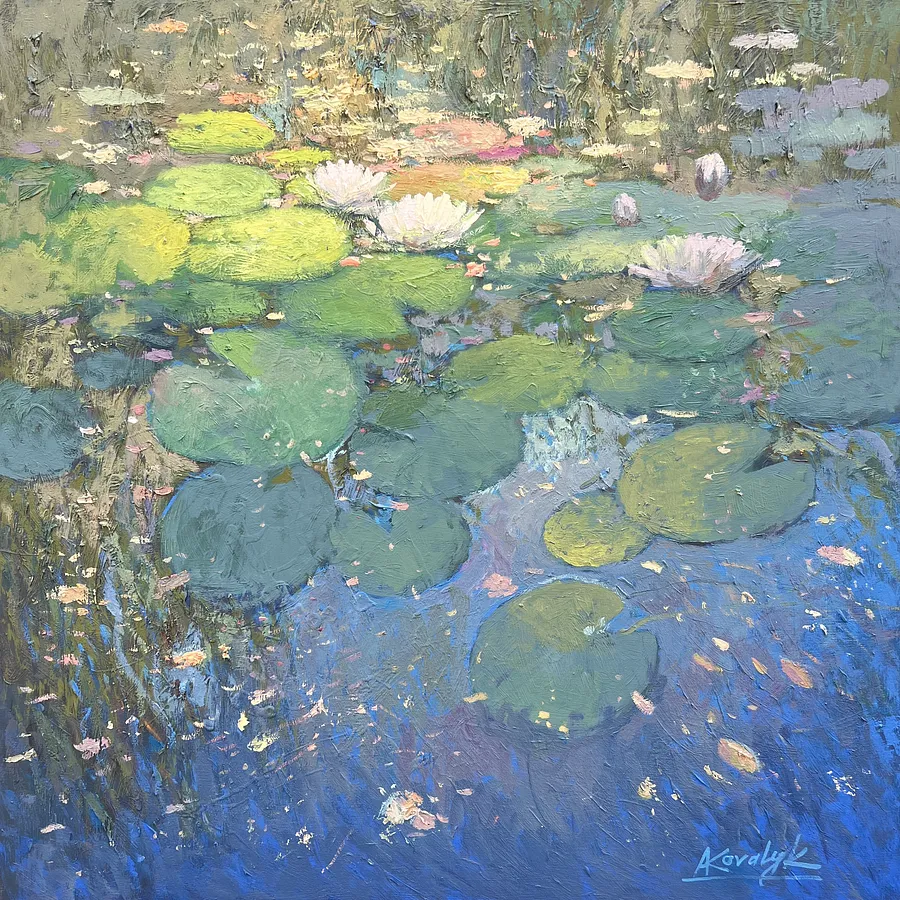Imagen de Water Lilies and Light de Andrii Kovalyk, tamaño: 70x70 cm , hecho de Oil on board , medio Original Artworks , de Madrid , parte de la serie Landscapes Around the World , con un precio de €1500