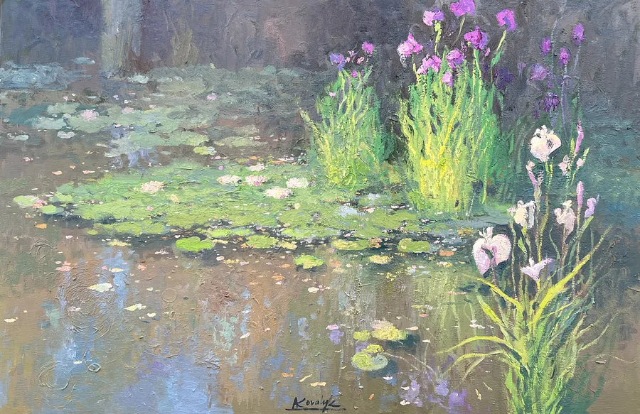 Imagen de Water Lilies and Irises de Andrii Kovalyk, tamaño: 65x100 cm , hecho de Oil on canvas, medio Original Artworks , de Madrid , parte de la serie Landscapes Around the World , con un precio de €1800