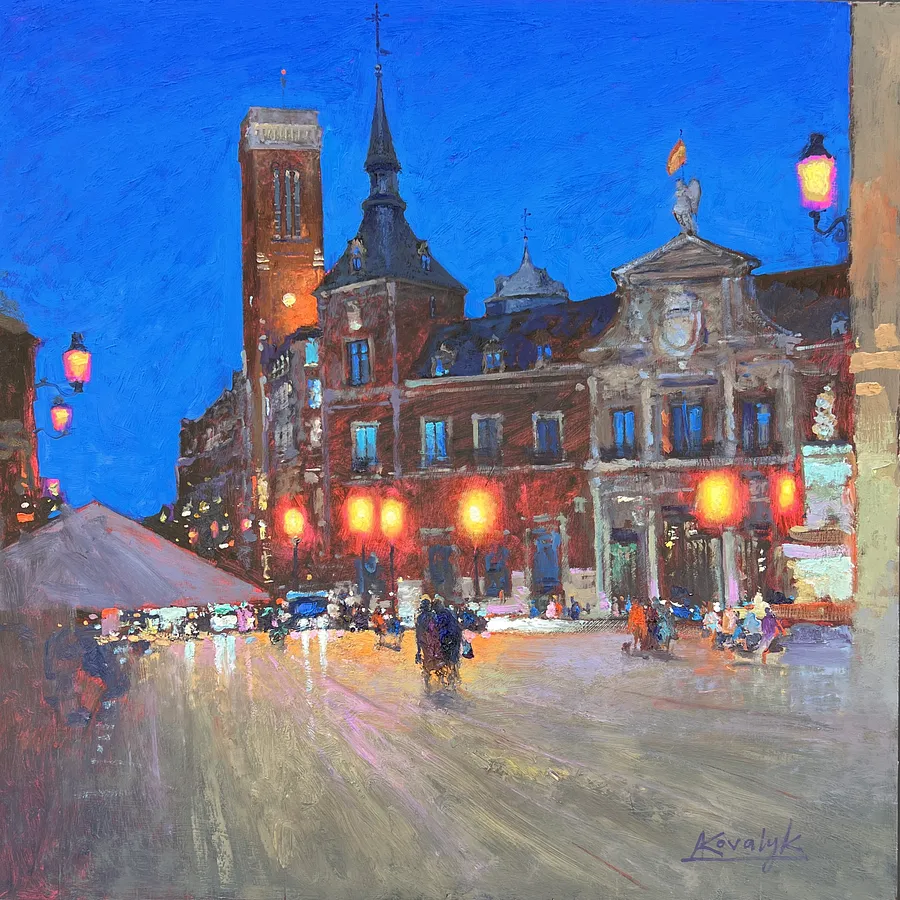 Immagine di Evening Madrid  di Andrii Kovalyk, dimensioni: 100x100 cm , medium: Original Artworks , serie: Urban Landscapes Around the World , prezzo: €3000