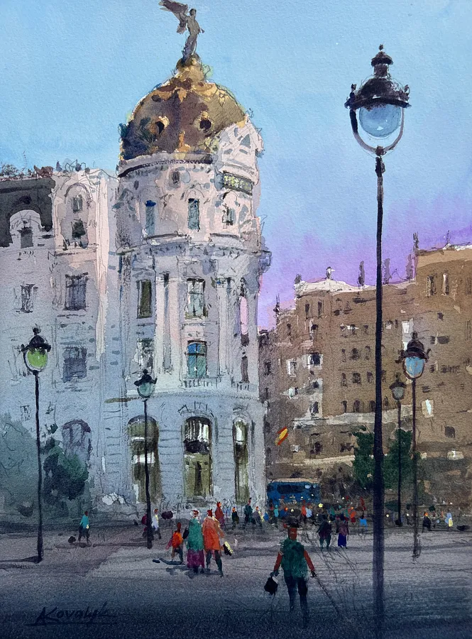 Immagine di Morning on Gran Vía di Andrii Kovalyk, dimensioni: 40x30 cm , medium: Original Artworks , serie: Urban Landscapes Around the World , prezzo: €350