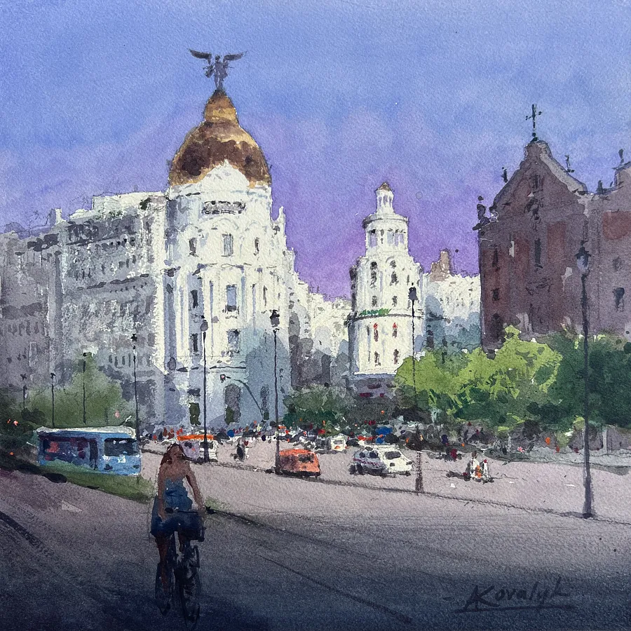Immagine di Morning Light on Gran Vía di Andrii Kovalyk, dimensioni: 31x31 cm , medium: Original Artworks , serie: Urban Landscapes Around the World , prezzo: €350