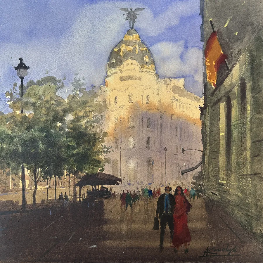 Immagine di Golden Morning in Madrid di Andrii Kovalyk, dimensioni: 31x31 cm , medium: Original Artworks , serie: Urban Landscapes Around the World , prezzo: €350