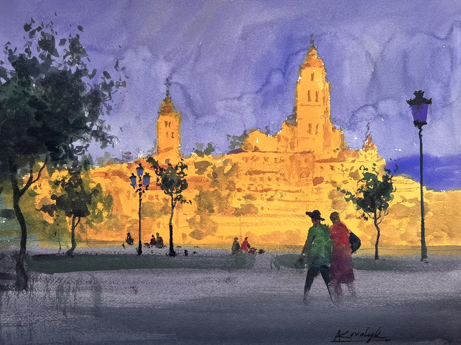 Immagine di Golden Evening in Segovia di Andrii Kovalyk, dimensioni: 31x41 cm , medium: Original Artworks , serie: Urban Landscapes Around the World , prezzo: €350