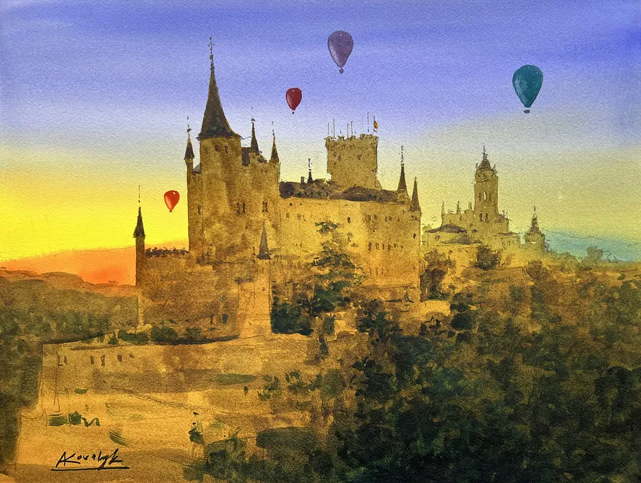 Immagine di Balloons over Segovia di Andrii Kovalyk, dimensioni: 31x41 cm , medium: Original Artworks , serie: Urban Landscapes Around the World , prezzo: €350
