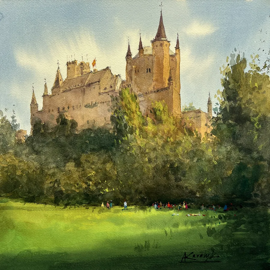 Immagine di Alcázar of Segovia di Andrii Kovalyk, dimensioni: 31x31 cm , medium: Original Artworks , serie: Urban Landscapes Around the World , prezzo: €350