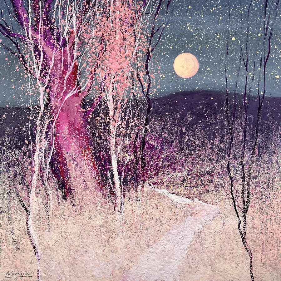 Obraz Moonlight Melody of Nature autorstwa Andrii Kovalyk, rozmiar: 50x50 cm , wykonany z Gouache on paper , medium Original Artworks , część serii Sold, cena: €550