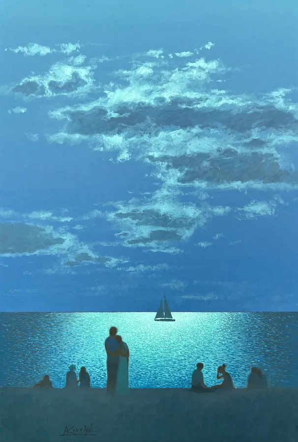 Image of Together Under the Night Sky by Andrii Kovalyk, size: 150x100 cm , made of Oil on canvas, Original Artworks  medium, from Madrid , part of the Summer Memories Series  series, priced at €5500