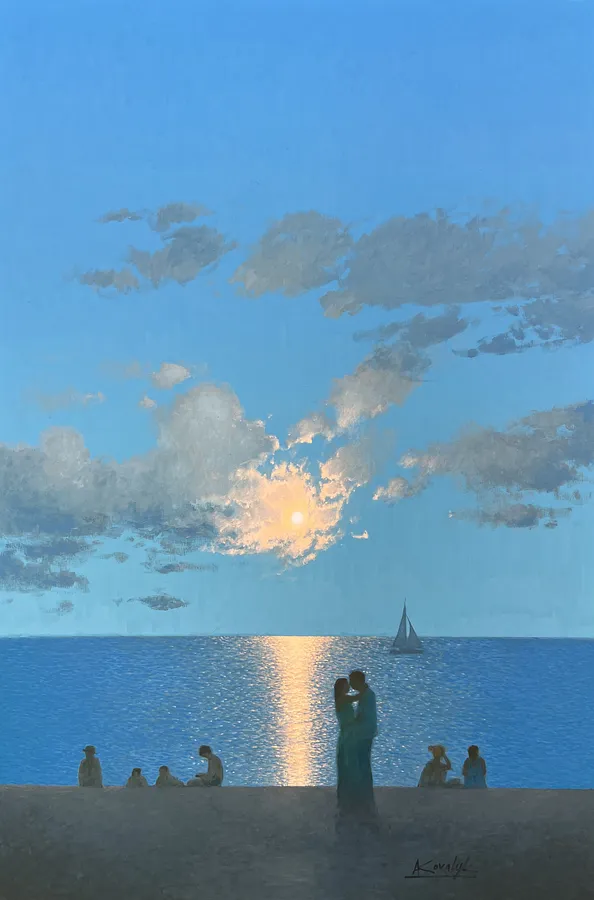 Immagine di Together by Moonlight di Andrii Kovalyk, dimensioni: 150x100 cm , medium: Original Artworks , serie: Summer Memories Series , prezzo: €5500
