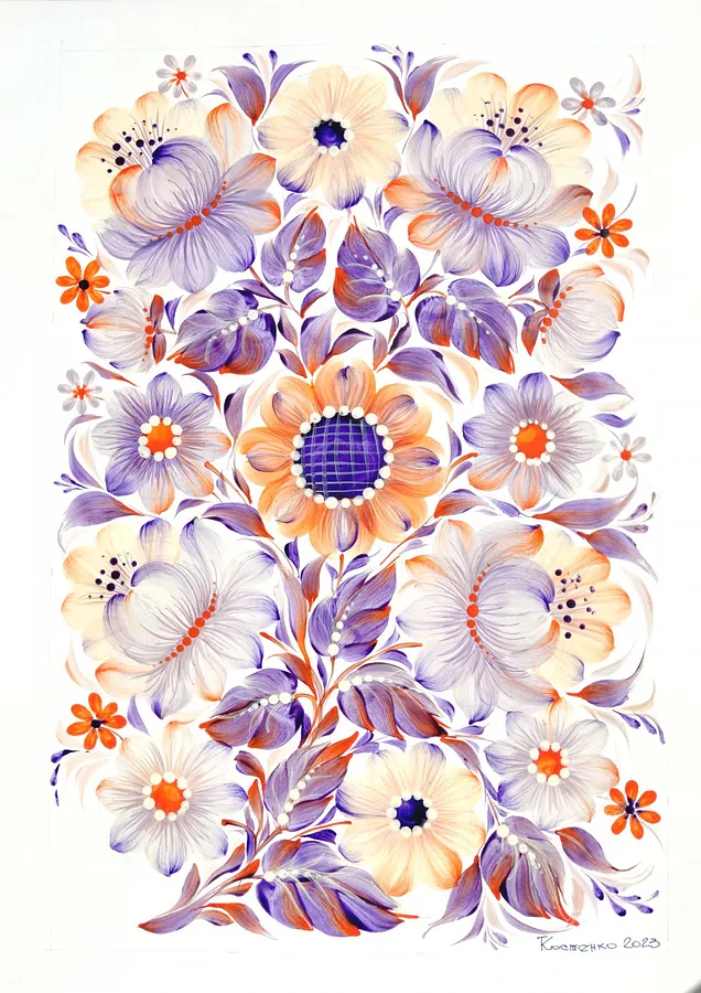 Obraz Petrykiv magic: Aesthetics of color autorstwa Tetyana Kostenko, rozmiar: 29,7х42 cm, wykonany z gouache, PVA glue, medium Painting, część serii Flowers, cena: $593