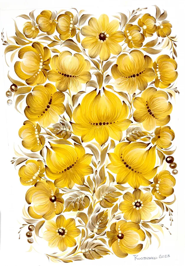 Obraz Magic of Autumn: Petrykiv painting autorstwa Tetyana Kostenko, rozmiar: 29,7х42 cm, wykonany z gouache, PVA glue, medium Painting, część serii Flowers, cena: $593