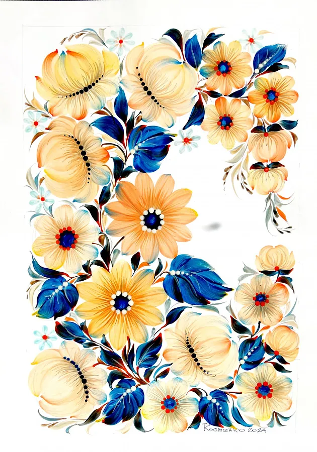 Image de The soul of Ukraine in Flowers par Tetyana Kostenko, taille : 29,7х42 cm, fabriqué avec gouache, PVA glue, médium Painting, faisant partie de la série Flowers, au prix de $593