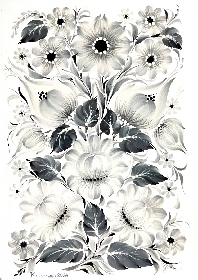 Image de Magic of Petrykivka: Painting of Twilight par Tetyana Kostenko, taille : 29,7х42 cm, fabriqué avec gouache, PVA glue, médium Painting, faisant partie de la série Flowers, au prix de $643