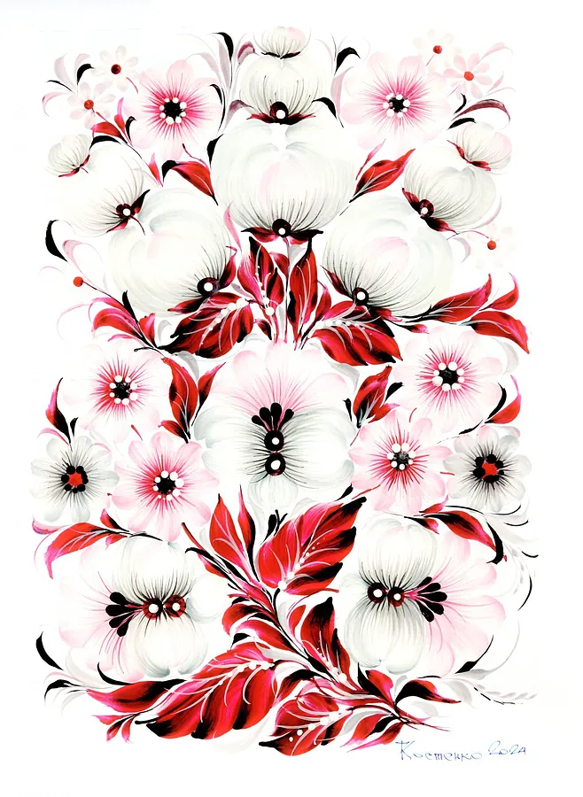 Imagen de Flower Poetry: Petrikovsky Painting de Tetyana Kostenko, tamaño: 29,7х42 cm, hecho de gouache, PVA glue, medio Painting, parte de la serie Flowers, con un precio de $485