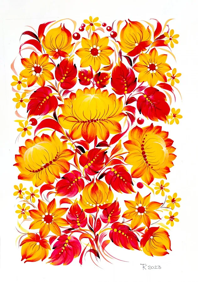 Imagen de Petrykivskiy Painting: Ukrainian Contrasts de Tetyana Kostenko, tamaño: 29,7х42 cm, hecho de gouache, PVA glue, medio Painting, parte de la serie Flowers, con un precio de $463