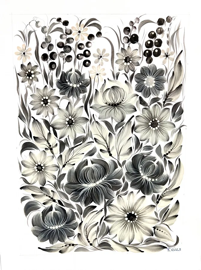 Imagen de Petrykiv painting, drawing de Tetyana Kostenko, tamaño: 29,7х42 cm, hecho de gouache, PVA glue, medio Painting, parte de la serie Flowers, con un precio de $463