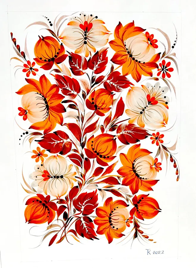 Imagen de The Magic of Petrykivka: Art and Tradition de Tetyana Kostenko, tamaño: 29,7х42 cm, hecho de gouache, PVA glue, medio Painting, parte de la serie Flowers, con un precio de $463