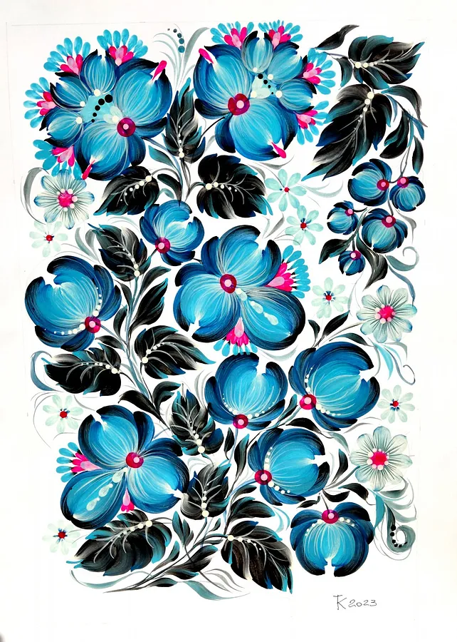 Obraz Petrykivka: Live and Bloom autorstwa Tetyana Kostenko, rozmiar: 29,7х42 cm, wykonany z gouache, PVA glue, medium Painting, część serii Flowers, cena: $593