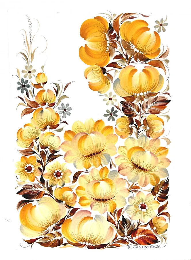 Obraz Flower Charm of Ukraine autorstwa Tetyana Kostenko, rozmiar: 29,7х42 cm, wykonany z gouache, PVA glue, medium Painting, część serii Flowers, cena: $593