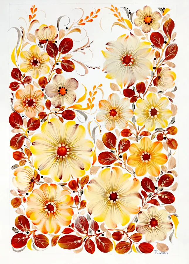 Imagen de Flower Melodies of Petrykyvka de Tetyana Kostenko, tamaño: 29,7х42 cm, hecho de gouache, PVA glue, medio Painting, parte de la serie Flowers, con un precio de $463