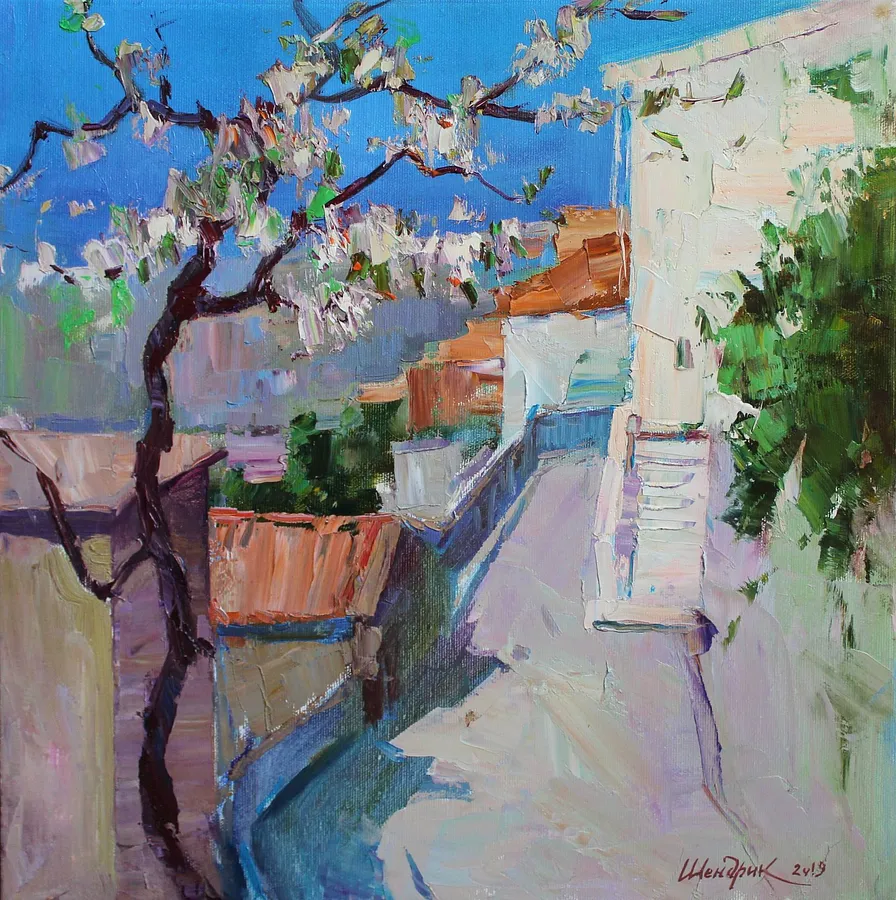Image of April in Maiera by Tetiana Shendryk, size: 40 × 40 cm, made of Oil on canvas, Painting medium, from Ukraine, priced at $350